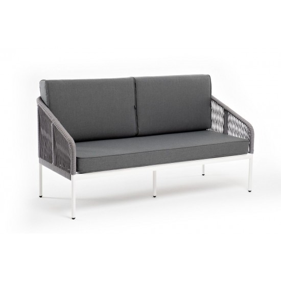 Садовый диван "Канны", двухместный, белый каркас/светло-серый роуп/серый текстиль